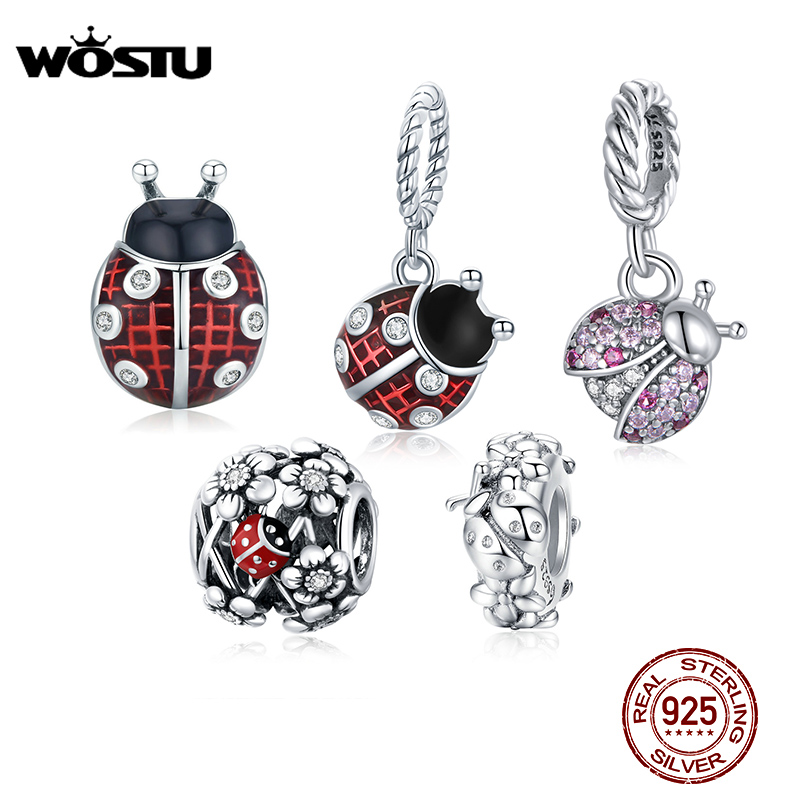WOSTU 925 Sterling Silver Ladybug Series Charm Zircon Enamel Bead Silver 925 Pendant Fit Original Bracelet Insect Jewelry