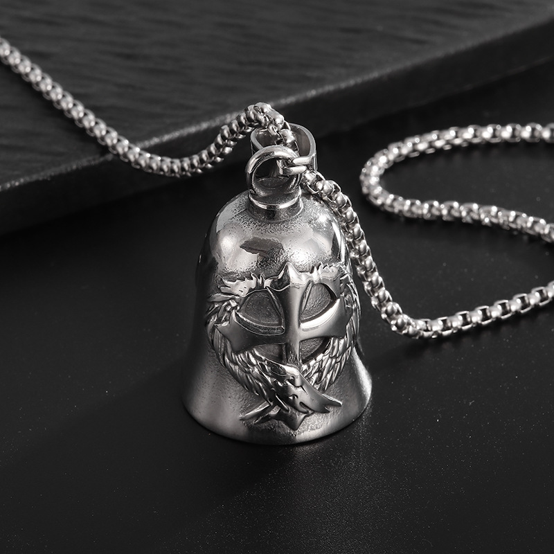 New Vintage Cross Wings Angel Guardian Bell Motorcycle Necklace for Men Fashion Charm Bell Pendant Rider Jewelry Gift