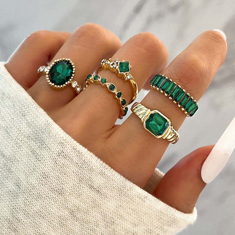 5Pcs Green Rhinestones Rings Set Geometric Imitation Crystal Bohemian Rings for Women Vintage Jewelry Wedding Party Gifts 2023