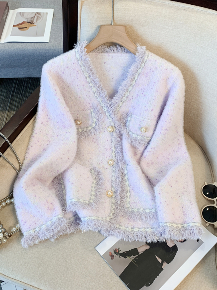 New Korean Fashion Mink Fur Loose Women Knitted Sweater Cardigan Autumn Winter Women's Long Sleeved V-Neck Tassel Jacket