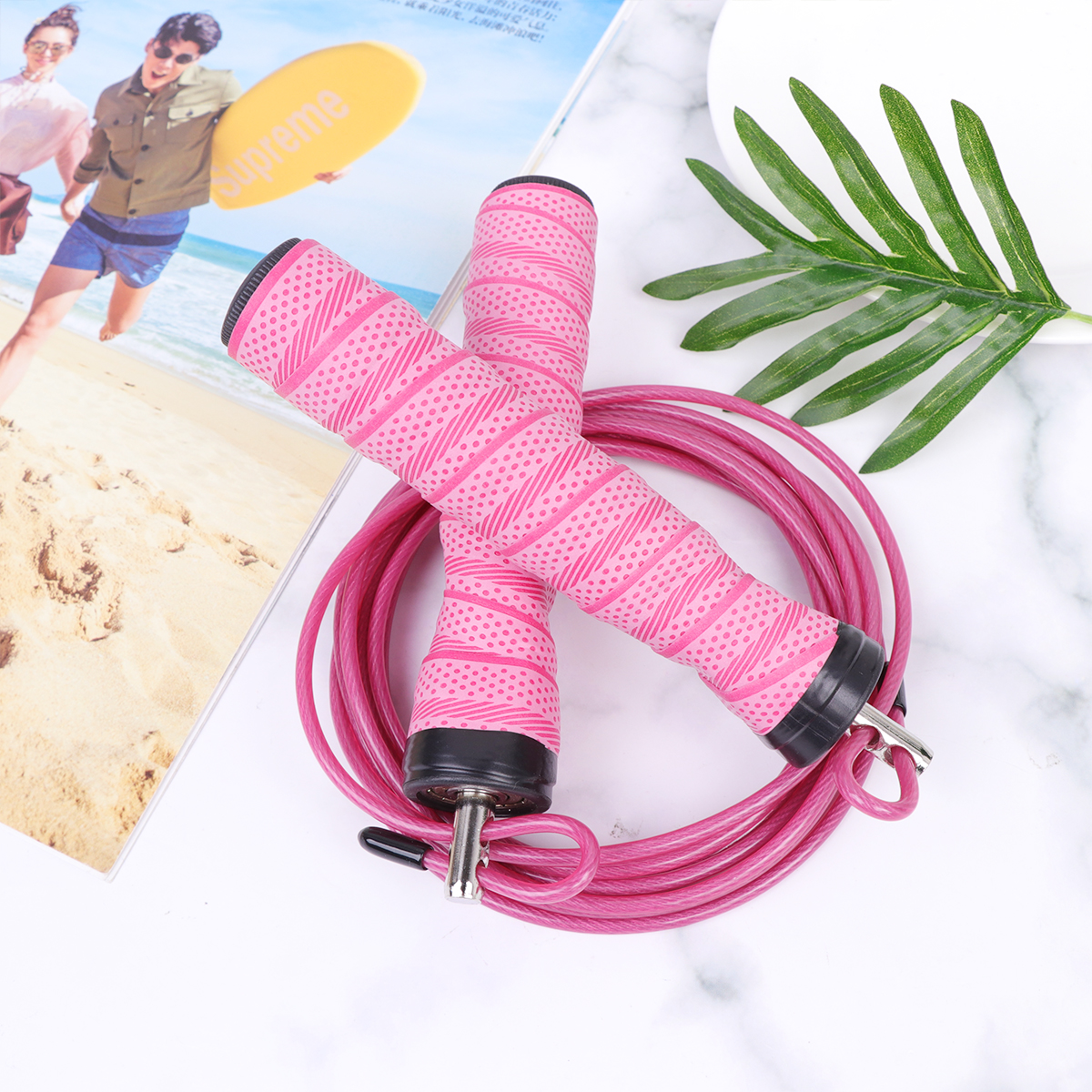 Pink Ergonomic Handles Sweat Absorbent Jump Rope Steel Wire Cable Fitness Sports Workout Program High Quality Material Durable