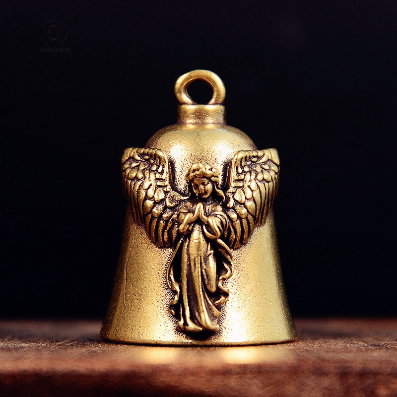 Brass Fashion Cross Guardian Angel Wings Bell Motorcycle Bell Keychain Men\\'s Biker Exorcist Amulet Lucky Jewelry Accessory