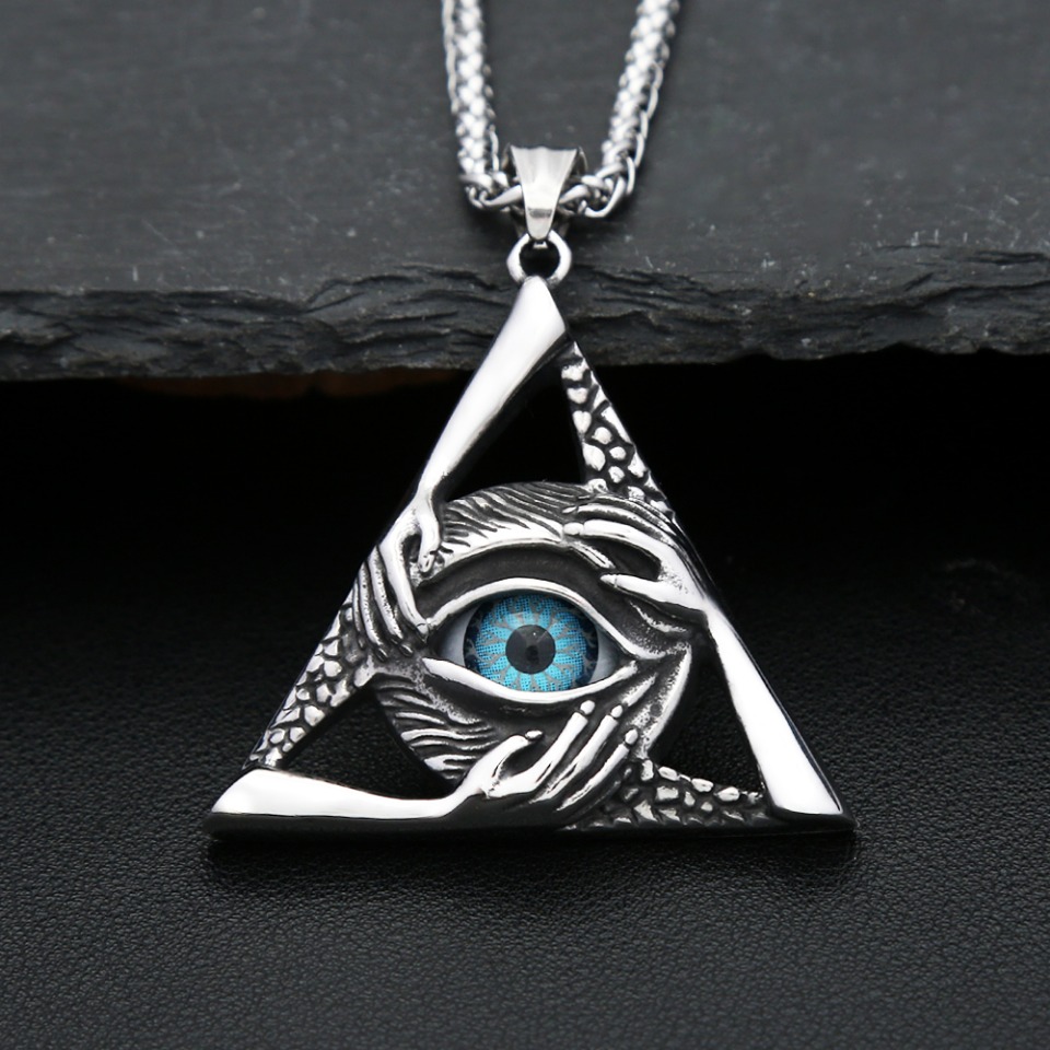 Gothic Vintage Evil Eye Pendant For Men Stainless Steel Punk Hip Hop Fashion Triangle Necklace Unique Amulet Jewelry Wholesale