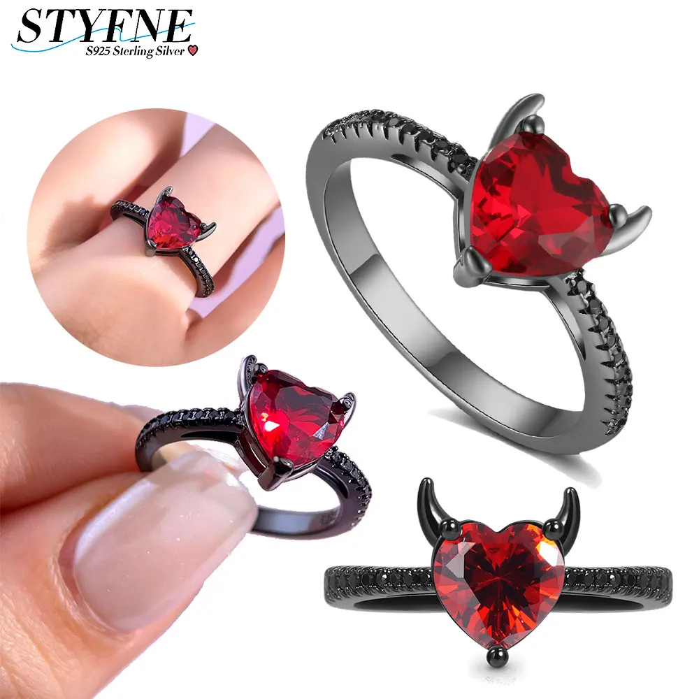 Red Love Black Zircon Devil Original 925 Sterling Silver Ring for Women Friendship Wedding Anniversary Simple Jewelry Gift