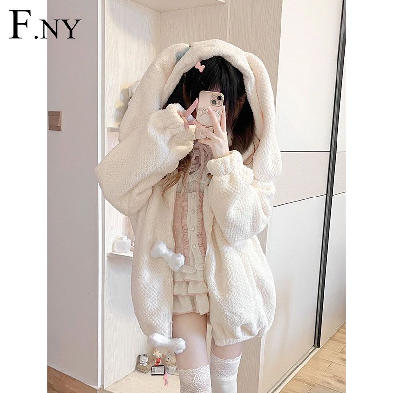 New Fashion American Retro Rabbit Ear Hoodie Women's Clothing Winter Coat Loose Premium Plush Thick Lamb Fur Coat Women Top