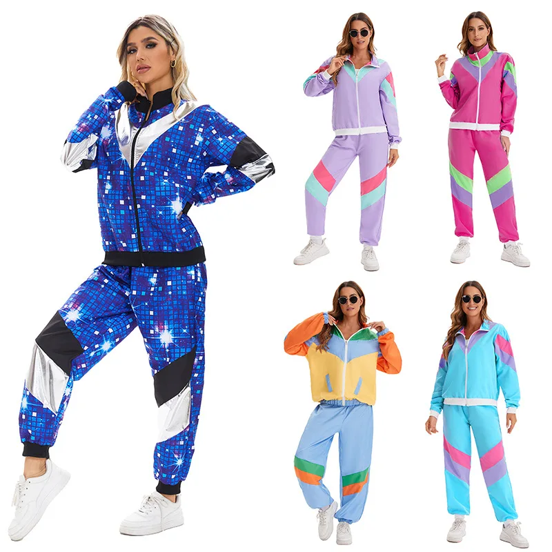 New Retro Hip Hop Costumes Suit Costume Mens 80s 90s Retro Tracksuit Jacket Disco Halloween Costume Windbreaker and Pants