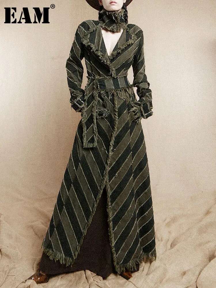 [EAM] Women Blue Striped Burr Denim Long Trench New Turtleneck Long Sleeve Windbreaker Fashion Tide Spring Autumn 2025 1DH8447