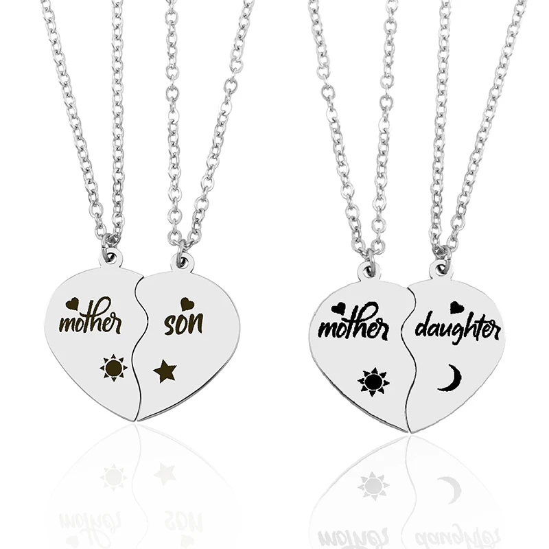 2Pc/Set Mother Daughter Son Heart Puzzle Pendant Necklace Stainless Steel Sun Moon Necklaces for Mom Children Festival Gift New