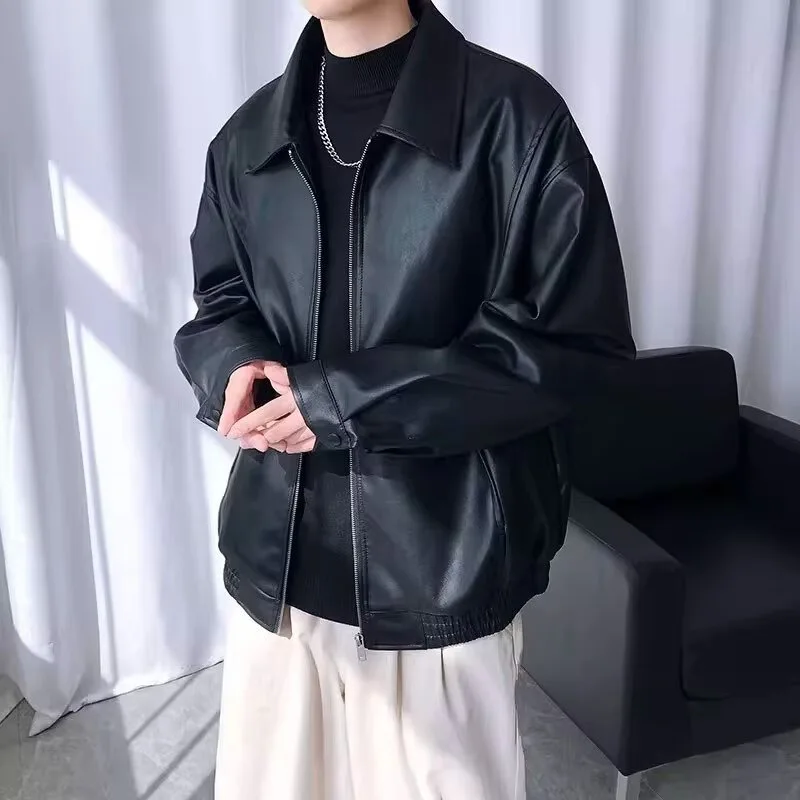 Trendy Spring Men's Leather Jacket Casual Korean Style PU Leather Baseball Uniform Motorcycle Jacket Fashionable Loose Fit