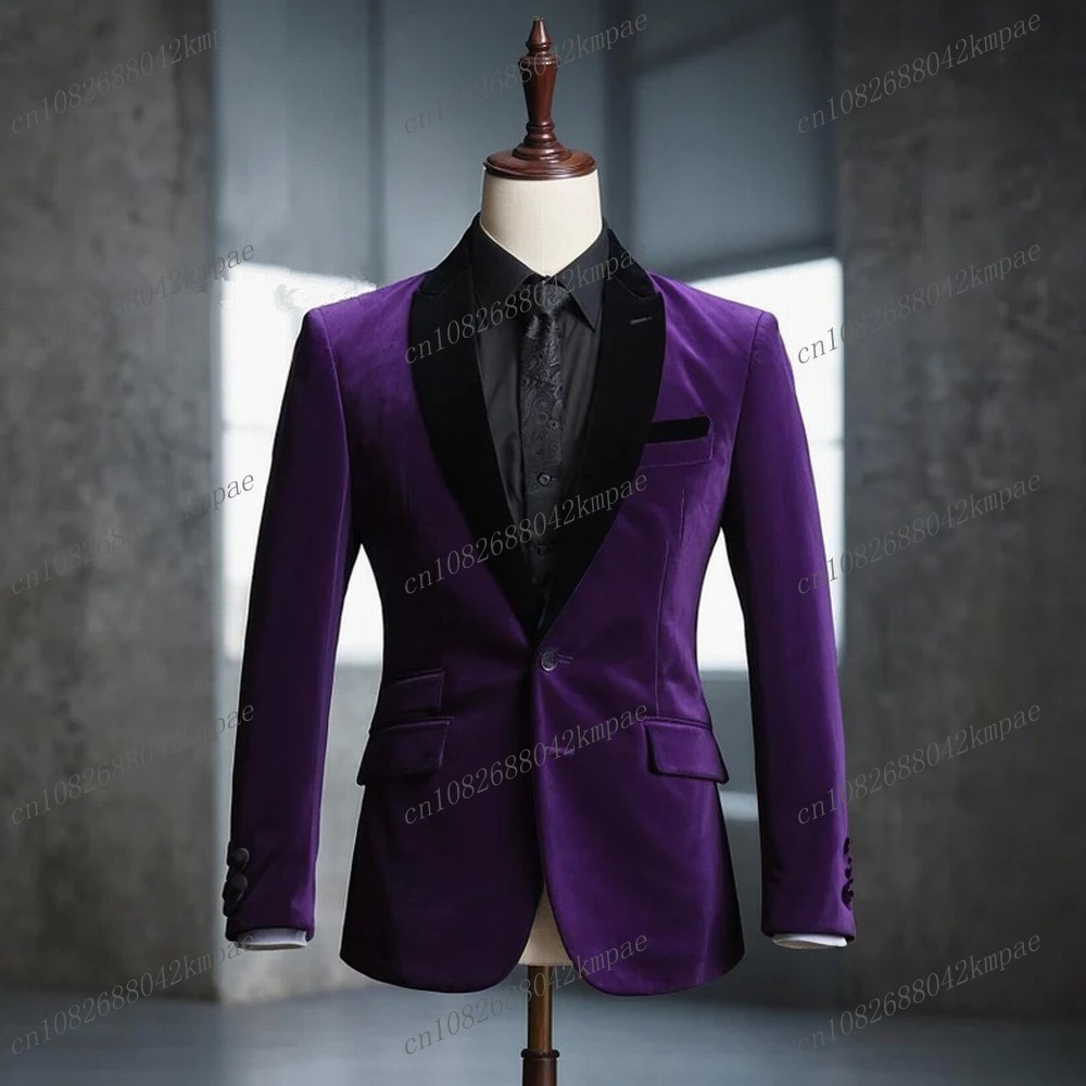 New Purple Velvet Black collar Men Blazer Business Formal Office Coat Casual Work Prom Single Jacket Wedding Party Male Suit