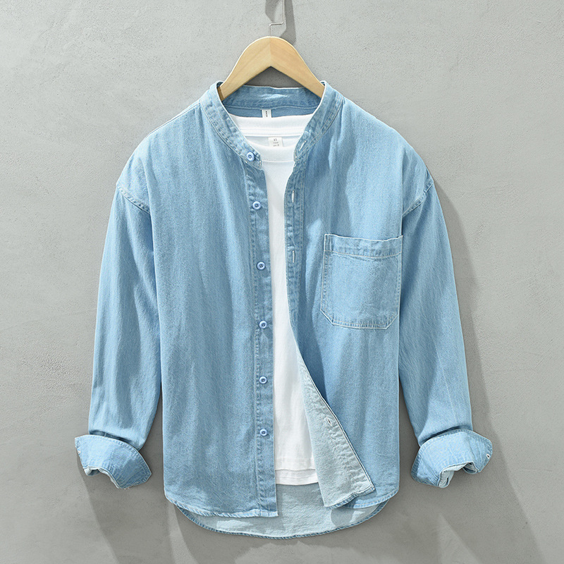 Classic Light Blue Denim Shirt Men Daily Casual Long Sleeve Shirts Man Stand Collar Pocket Pure Cotton Jean Shirts Simple Top
