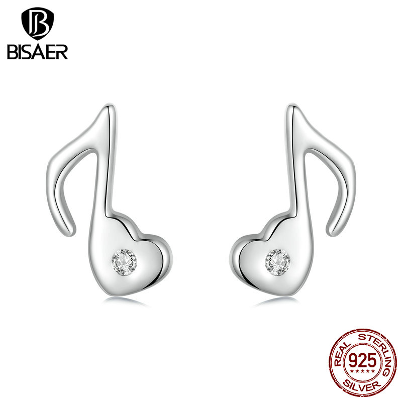 BISAER 925 Sterling Silver Mini Heart Note Stud Earring Plated White Gold For Music Lover Party Original Design Fine Jewelry