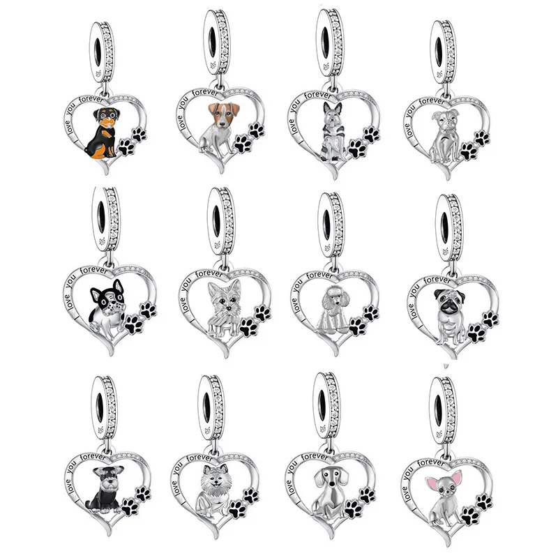 Fit Original Pan Charm Bracelet 925 Sterling Silver Pug Schnauzer Yorkshire Poodle Dachshund Dog Breed Bead For Making Berloque