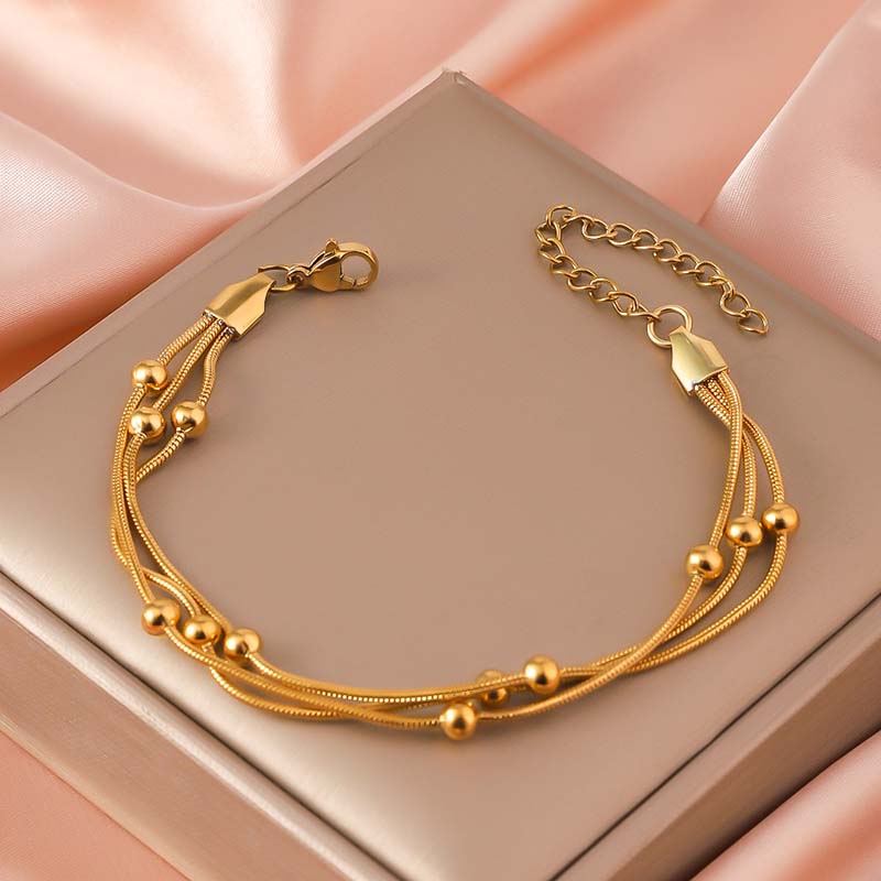 Stainless Steel Gold Color Beaded Round Snake Chain Bracelets For Women Vintage Metal Multi Layer Charm Bracelet Jewelry