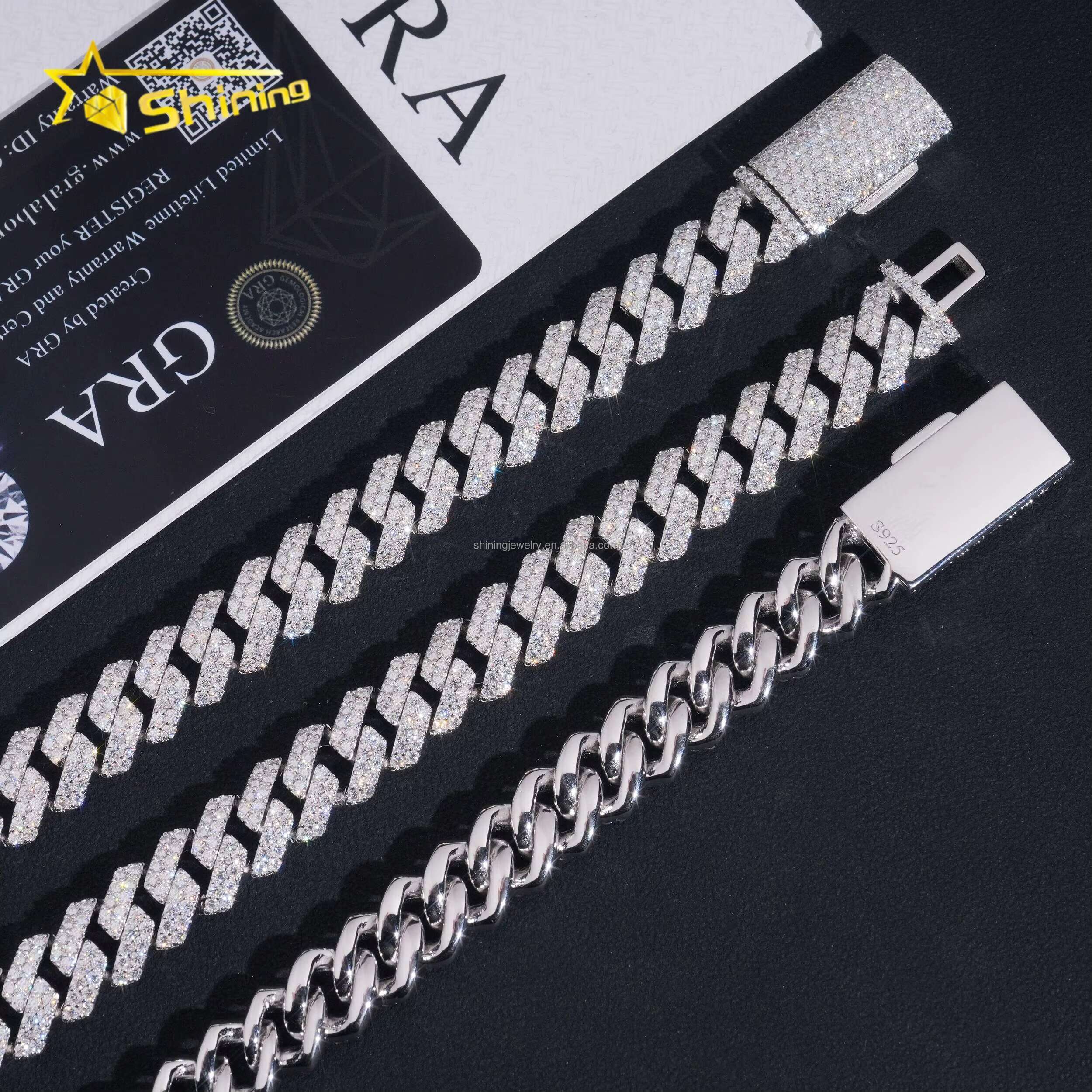 2025In Stock Luxury Jewelry Prong Setting 12mm Two Rows Iced Out Moissanite Diamond White S925 Sterling Silver Cuban Link Chain