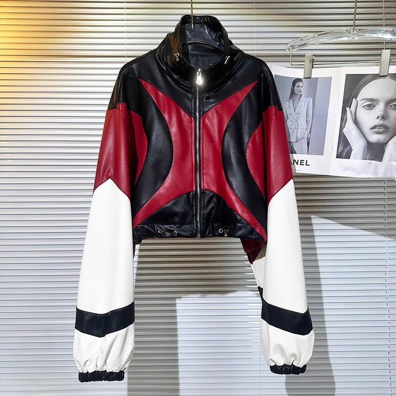 Motorcycle Style PU Leather Short Coats Retro Black Red Patchwork Loose Baseball Jackets Autumn Women's Long Sleeve Zipper Tops