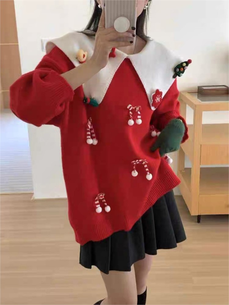 Ugly Christmas Knitted Sweater For Women Autumn Winter 2024 New Fashion Loose Doll collar Long Sleeve Sweet Pullovers Jumper