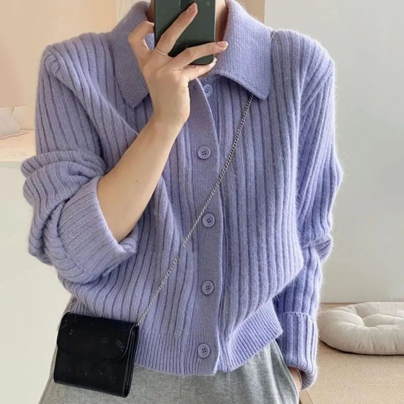 Autumn and Winter New Knitted Cardigan Women Long Sleeve Turn Down Collar Button Up Sweater Woman Solid Soft Warm Short Knitwear