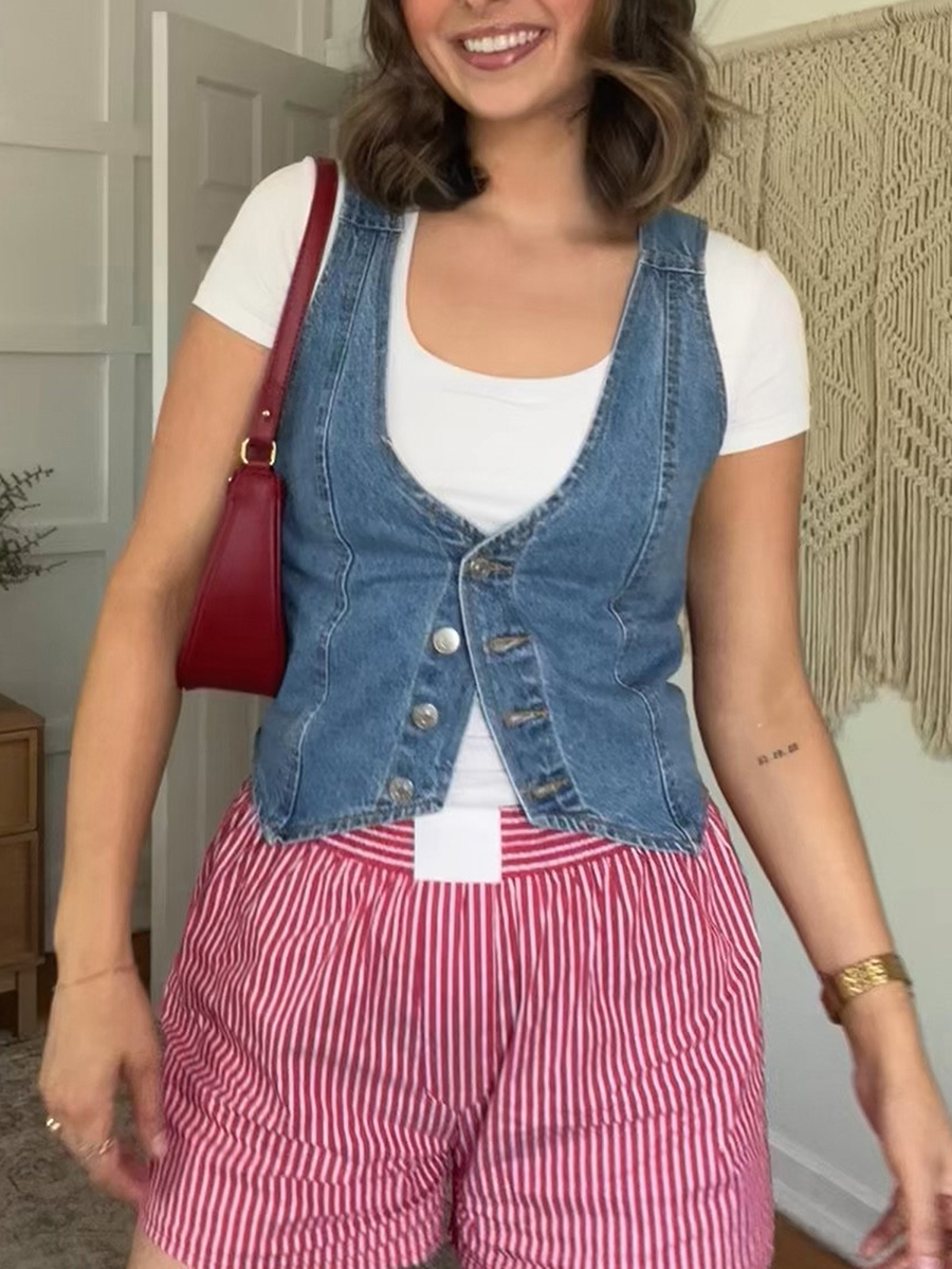 Denim Vest For Women Sleeveless Button Vest Solid Slim Outwear For Women Spring Autumn Casual Denim Crop Tops