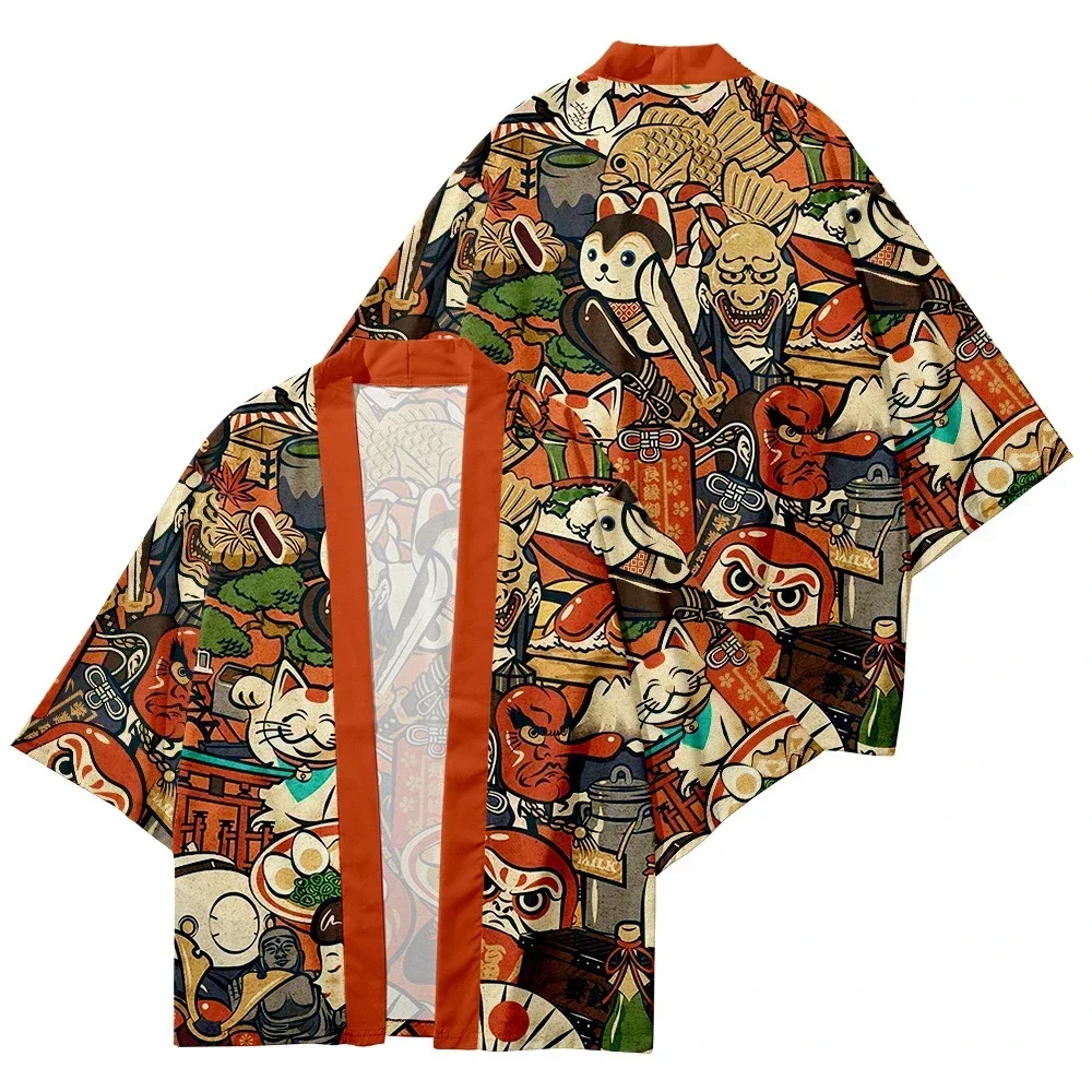 Men's and Women's Printed Samurai Cat Devil Cardigan, Street Clothing, Traditional Kimono, Japanese Harajuku Beach Clothing