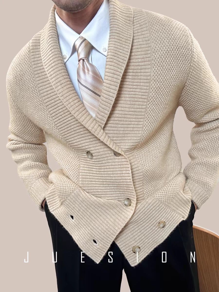 Light Luxury High-end Heavy Knitted Jacket Men Green Fruit Collar Double Breasted Sweater Warmth. New Autumn Winter Cardigans