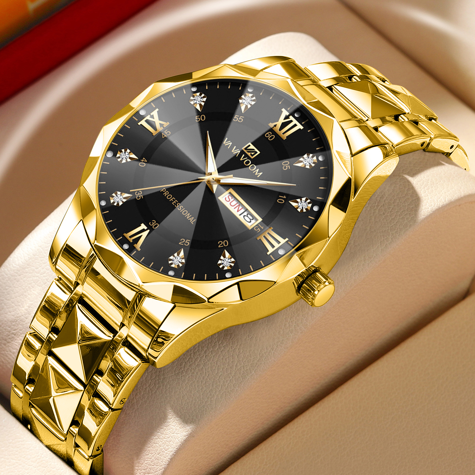 2024 New Mens Watch Fashion Rivet Stainless Steel Strap Luxury Water Diamond Diamond Luminous Blue Gold Dial Business Men Watch