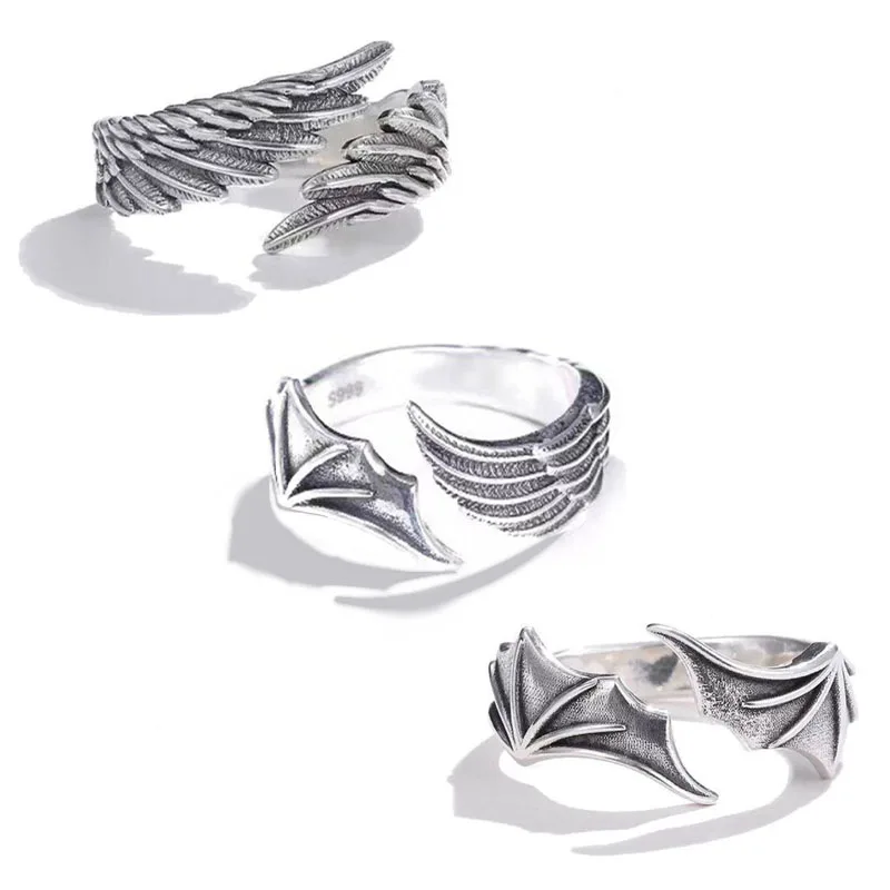 1 Pc/Pair New Vintage Angel Demon Wings Hip Hop Adjustable Couples Rings for Men Women Silver Color Retro Punk Style Jewelry