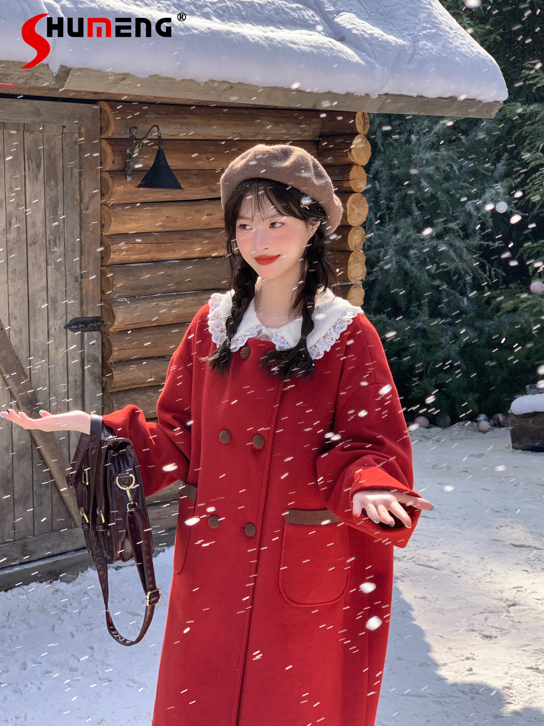 Japanese Sweet Cute Preppy Style Red Winter Wool Coat Doll Collar Double-breasted Straight Loose Long Woolen Jacket Coats Women