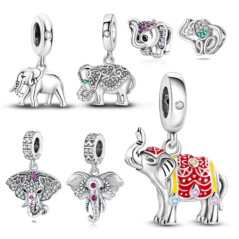 Sterling Silver 925 Zirconium&Colorful Elephant Dangle Charm Fit Original Bracelet Diy Fine Jewelry Exquisite Gifts for Women