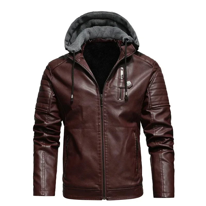 Motorcycle Jackets Hood Autumn Male Fleece Liner Pu Leather Coats Clothing Casual White Fashion Winter Warm Plush Leather Jacket