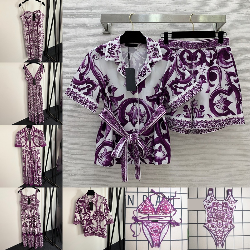 Robe imprimée violette de styliste pour femmes, chemisier à revers élégant, haut classique, jupes plissées Vintage, plage d'été, bikinis Sexy, ro