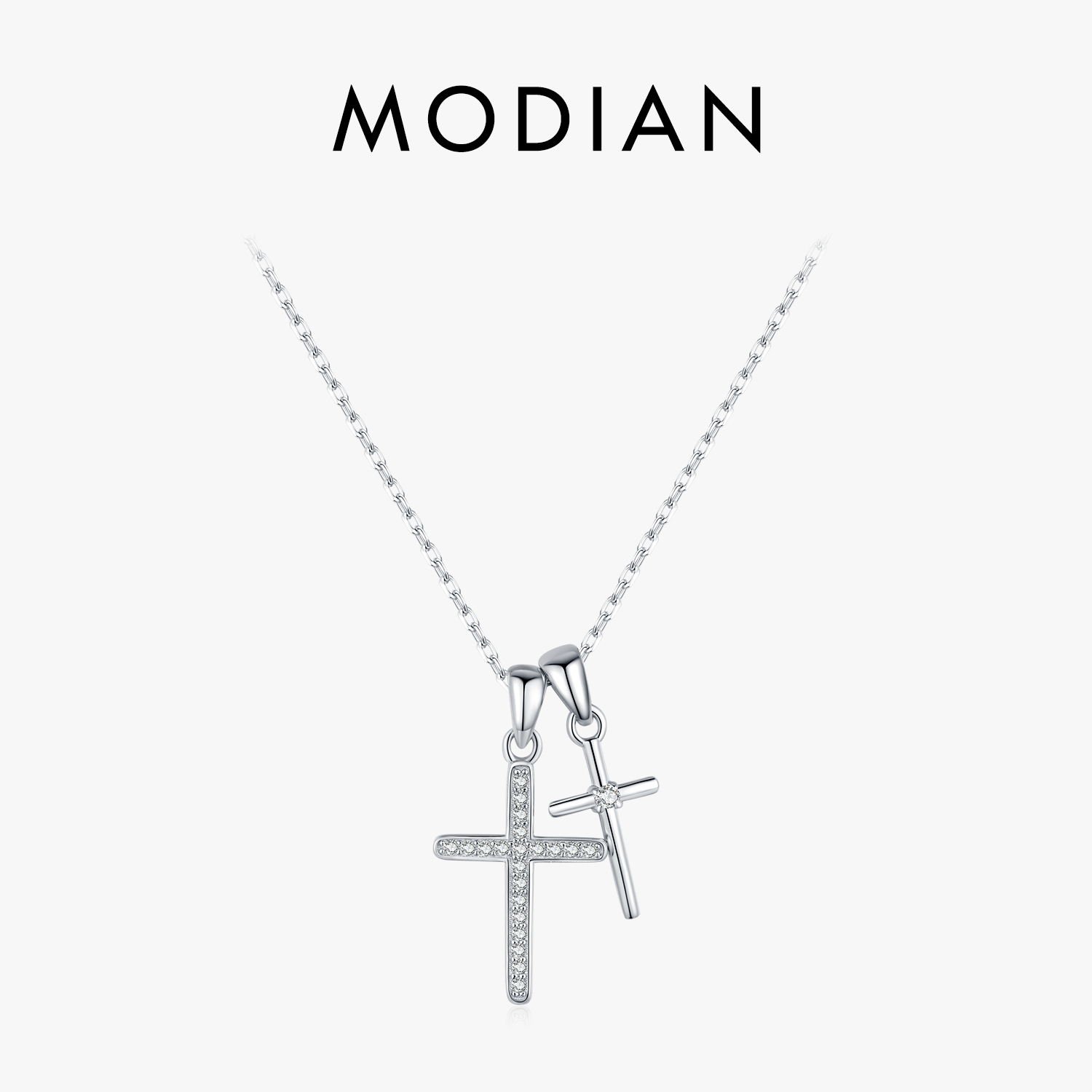 MODIAN 925 Sterling Silver Classic Delicate Double Cross Zircon Link Chain Pendant Necklace For Women Fine Jewelry Gifts