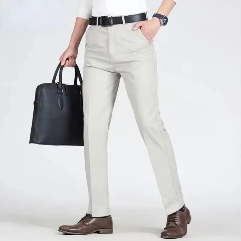 Summer Thin Cotton Pants Mens Autumn Thick Suit Pant Slacks High Waist Straight Loose Bland Solid Business Casual Pants DURIKIES