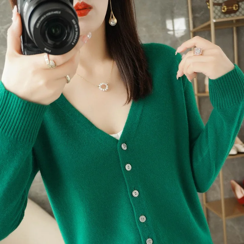 Plus Size Knitted Cardigan Loose Fit Women's Sweater Cropped Autumn/Winter Jacket Long Sleeve Base Layer V-Neck Design