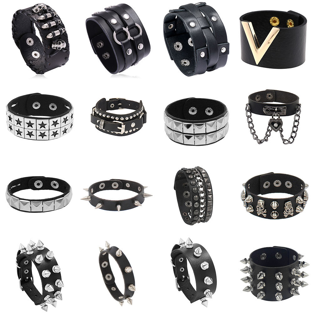 Cool Punk Rocker Wide Cuff Wristband Skull Bracelet Men Gothic Biker Braided Style Pu Leather Bangle Adjustable Black Bracelets