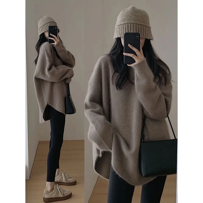 Autumn Winter 2024 New Style Korean Version Women's Slimming Knit Sweater Salt Color Coordination Crew Neck Pullover