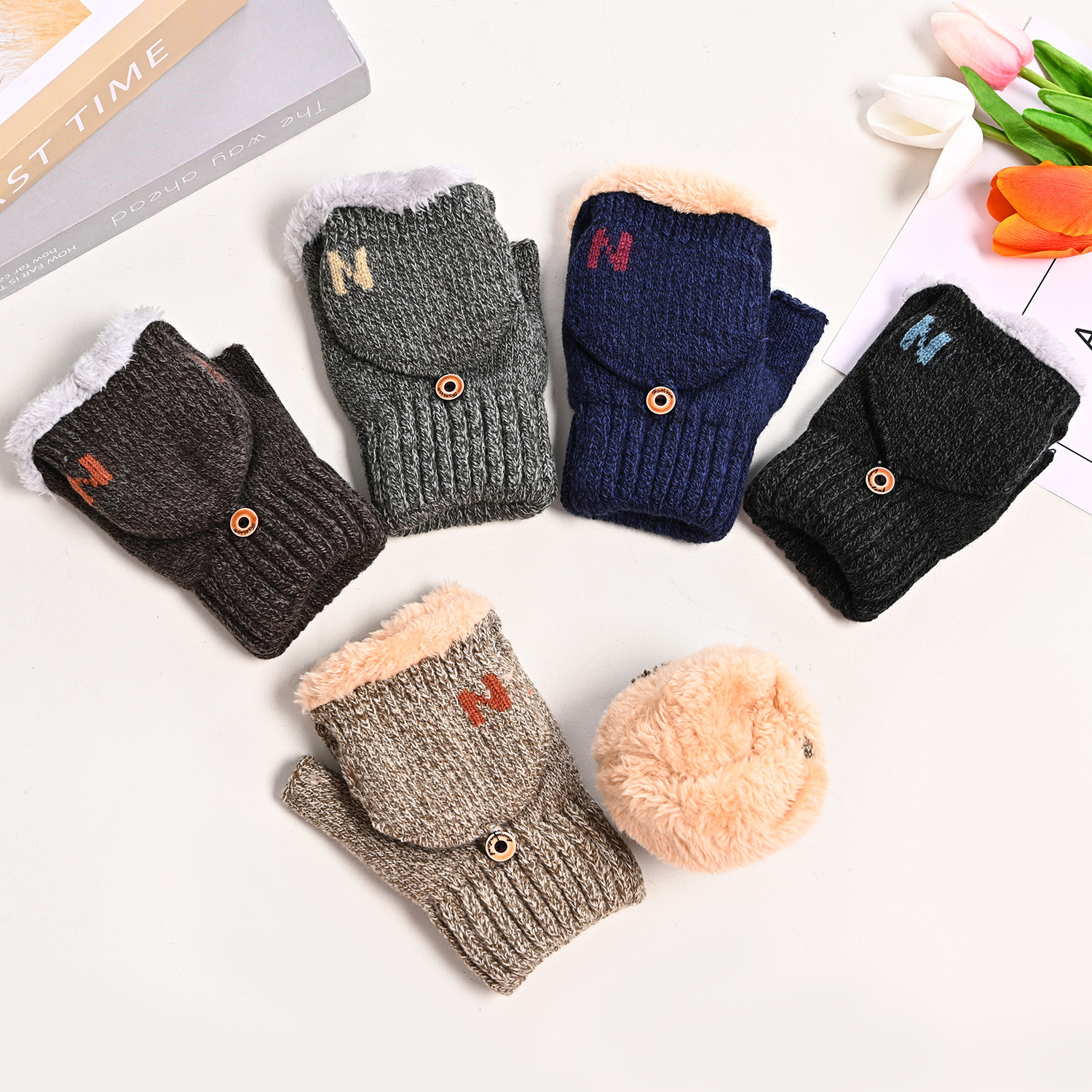 2024 Winter Warm Thickening Wool Gloves Knitted Flip Fingerless Exposed Finger Thick Gloves Without Fingers Mittens Glove Women
