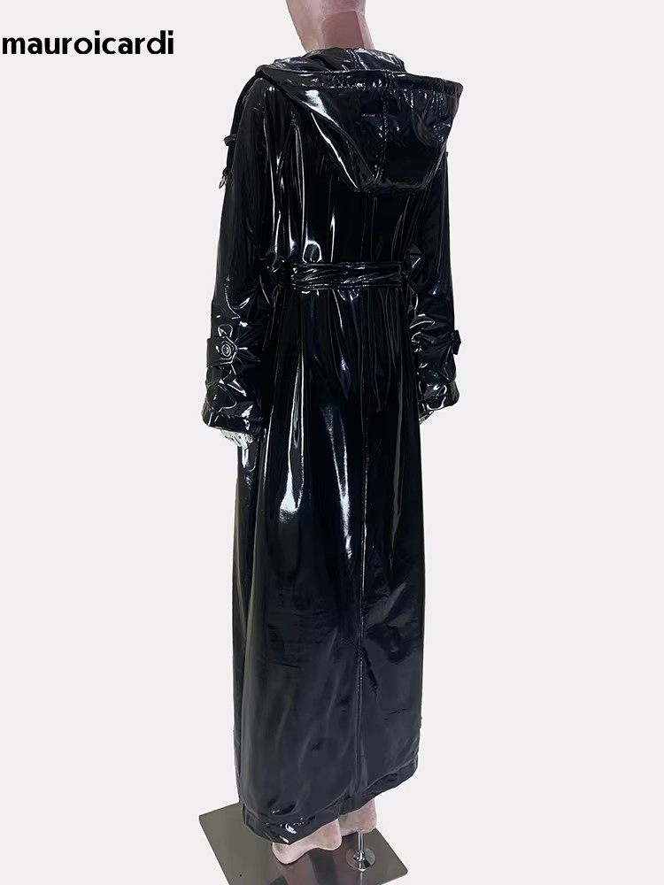 Mauroicardi Spring Autumn Cool Extra Long Shiny Reflective Waterproof Thin Black Soft Patent Faux Leather Coat Women with Hood