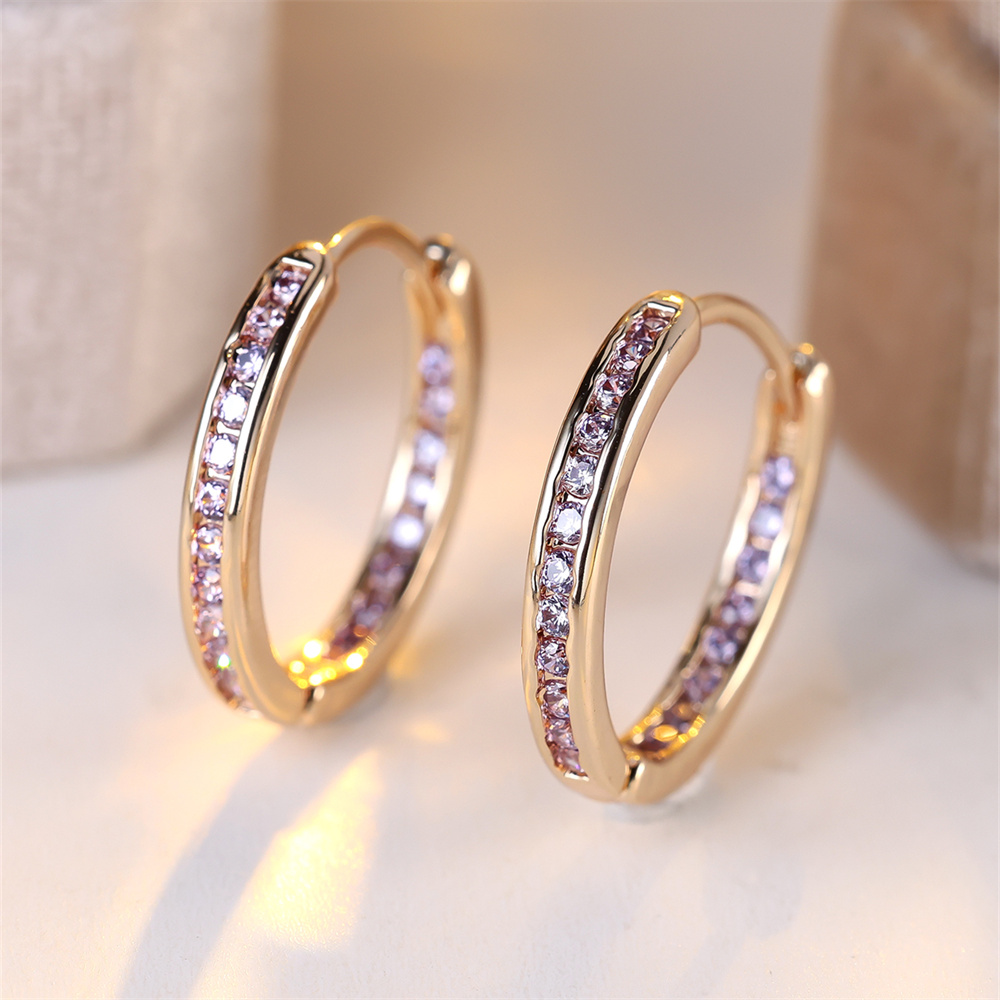 Single Row Small Round Hoop Earring Charm Purple Crystal Stone Earrings For Women Vintage Rose Gold Silver Color Wedding Jewelry