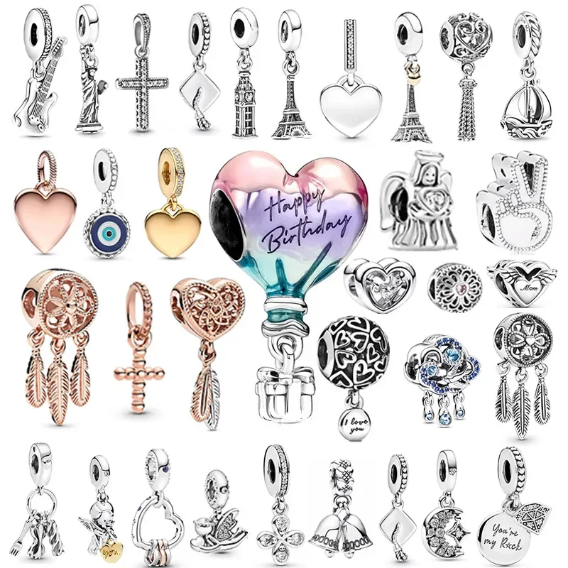 925 Sterling Silver Sparkling Cross Pendant & Paris Eiffel Tower Dangle Charm Jewelry Beads Fit Original Bangle Bracelet