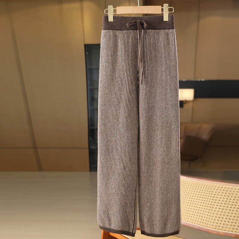 100% merino wool women's knitted trousers, fashionable, warm, vertical stripe pattern, wide-leg pants, new autumn and winter 24