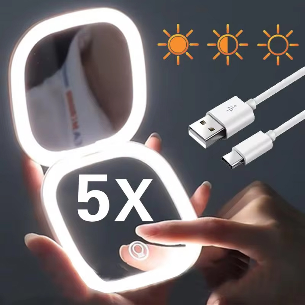 2 Face Sides Touch Compact Led 3 Colors Mini Foldable Cosmetic Charge Makeup Mirror With Light 5X Magnifying Compact Handheld