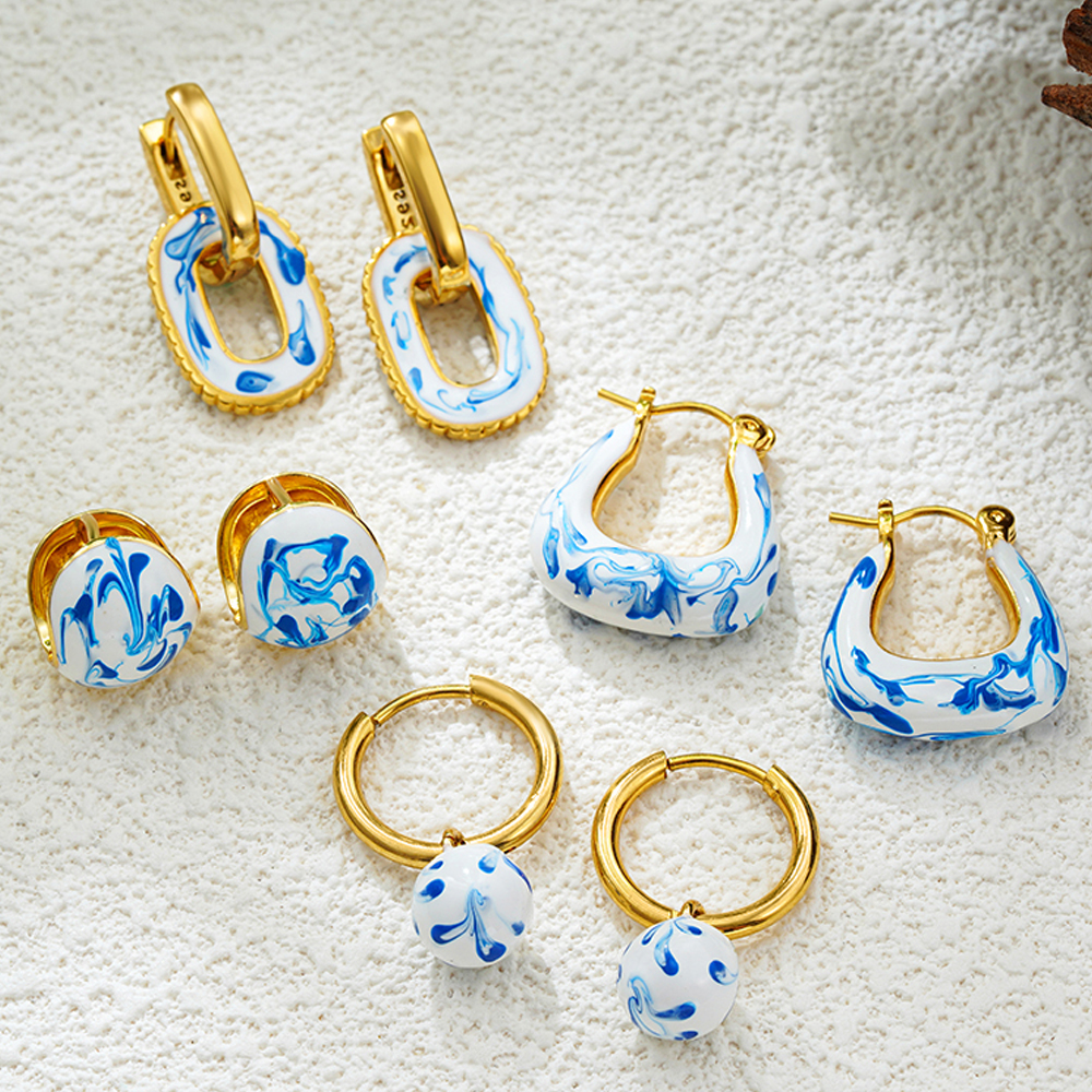Elegant White Blue Porcelain Enamel Chunky Ear Stud Hoop Earrings Women Stainless Steel Gold Plated U Shape Drop Earring Jewelry