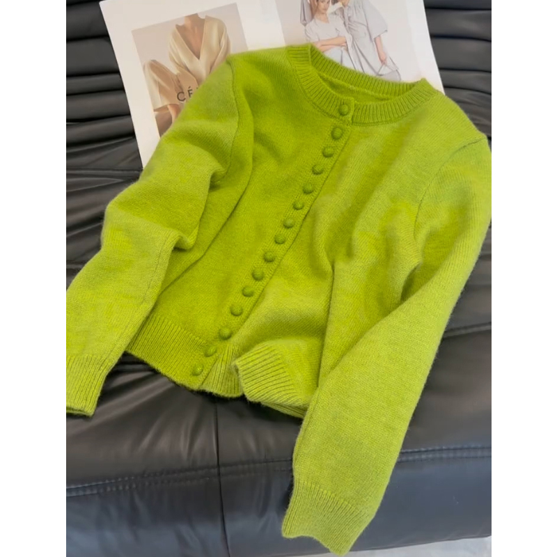 Autumn New Green Casual Wool Knitted Cardigan Coats Elegant Women's O-Neck Single Breasted Basic Cashmere Sweater Jacket 403P