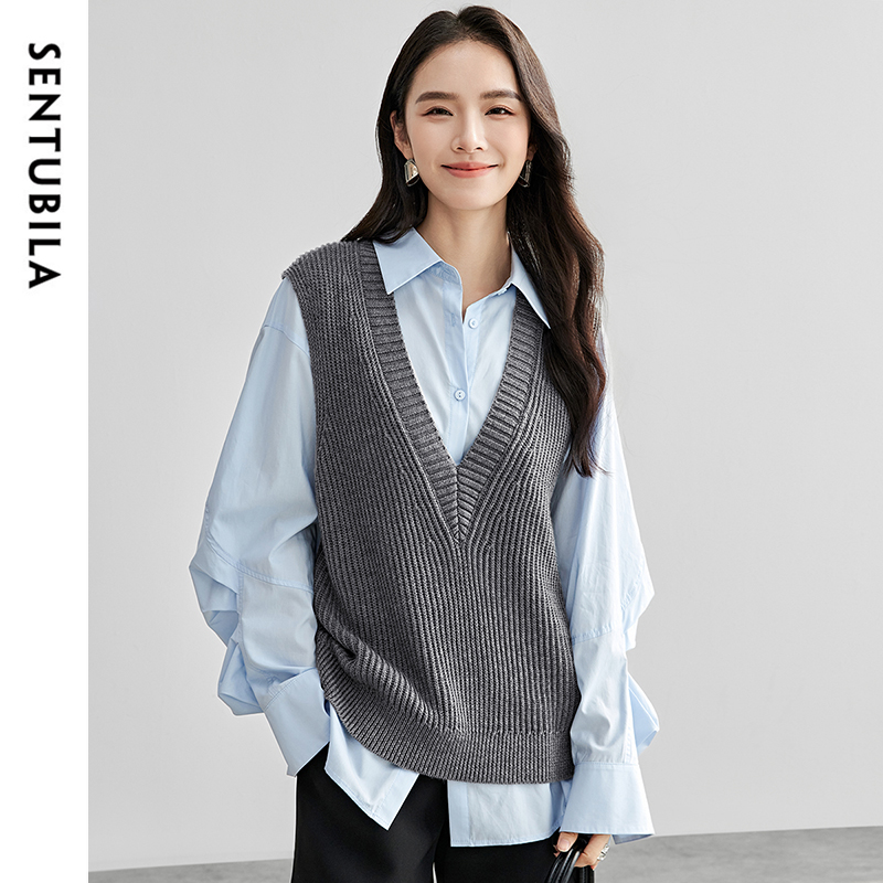 SENTUBILA Wool Blend Sweater Vest for Women 2025 Spring New Straight Solid Sinple V Neck Sleeveless Basic Pullover Top W51J58365