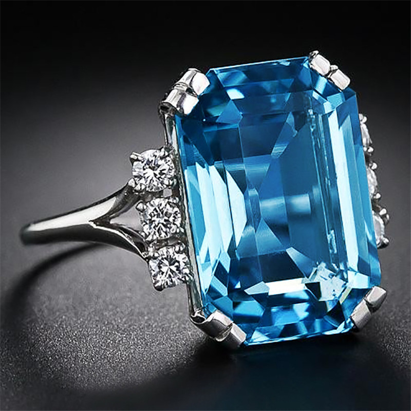 925 Sterling Silver Blue Square Cubic Zirconia Crystal Ring for Women Luxury Jewelry Cocktail Party Gifts
