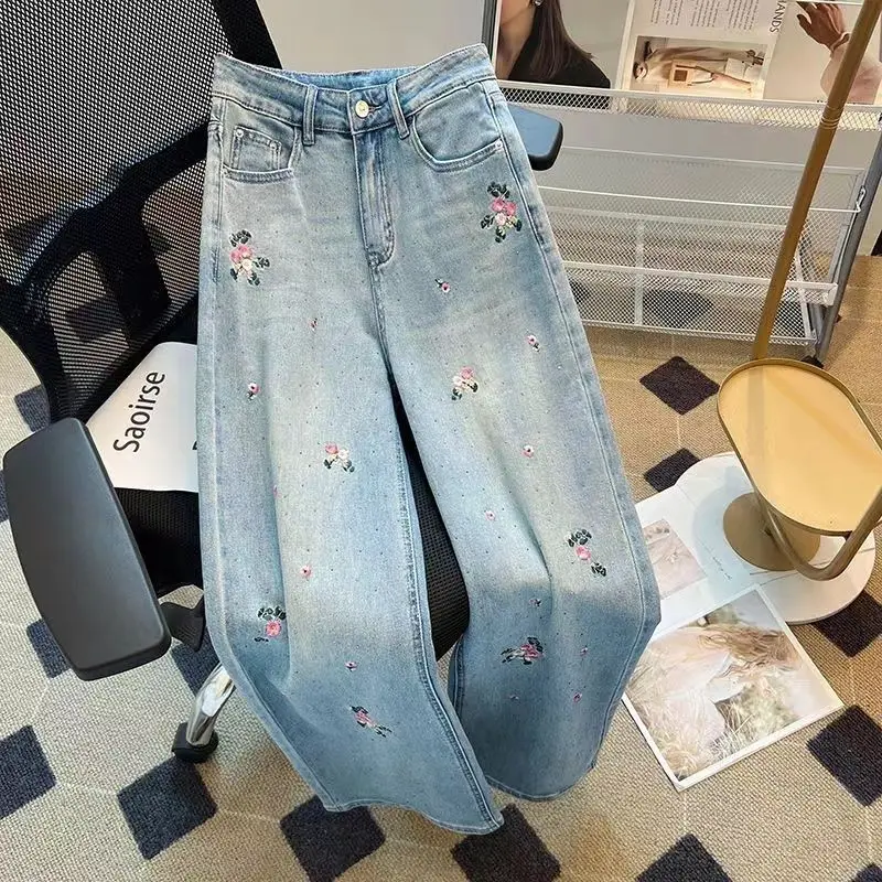 Embroidery High Waisted Jeans Woman Street Hip Hophot Diamonds Vintage Baggy Jeans Women Clothing Loose Casual Pants Women Jeans