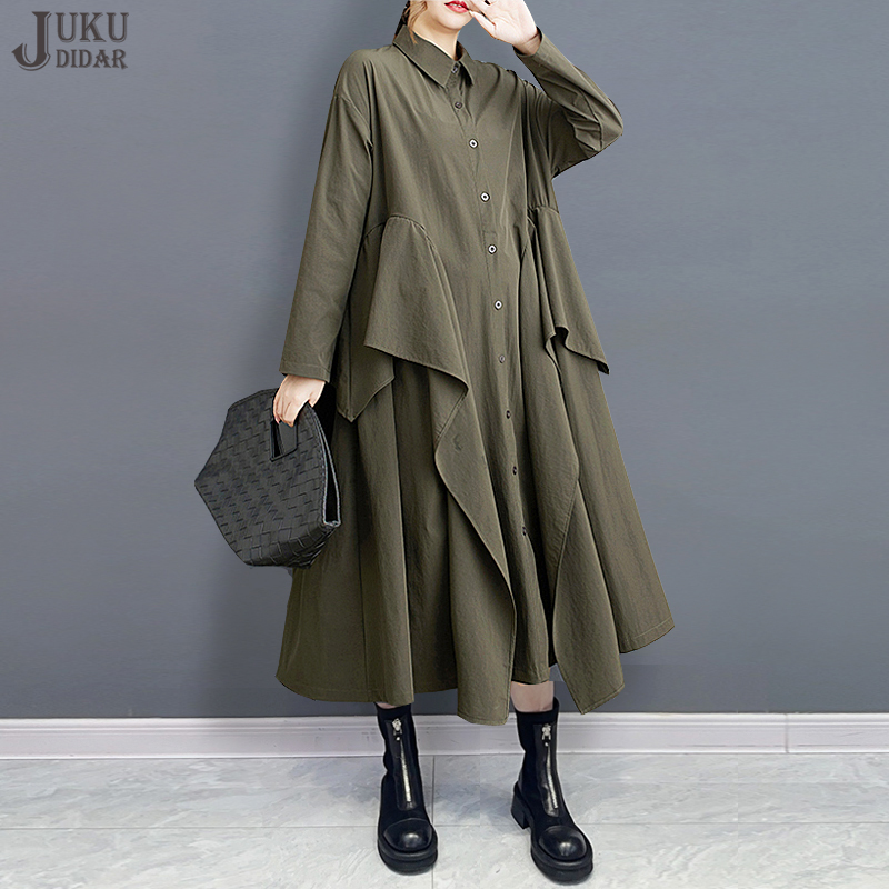Ruffles Join Korean Style Long Sleeve Winter Woman Army Green Shirt Dress Loose Fit Big Size Dark Fashion Casual Robe JJXD922