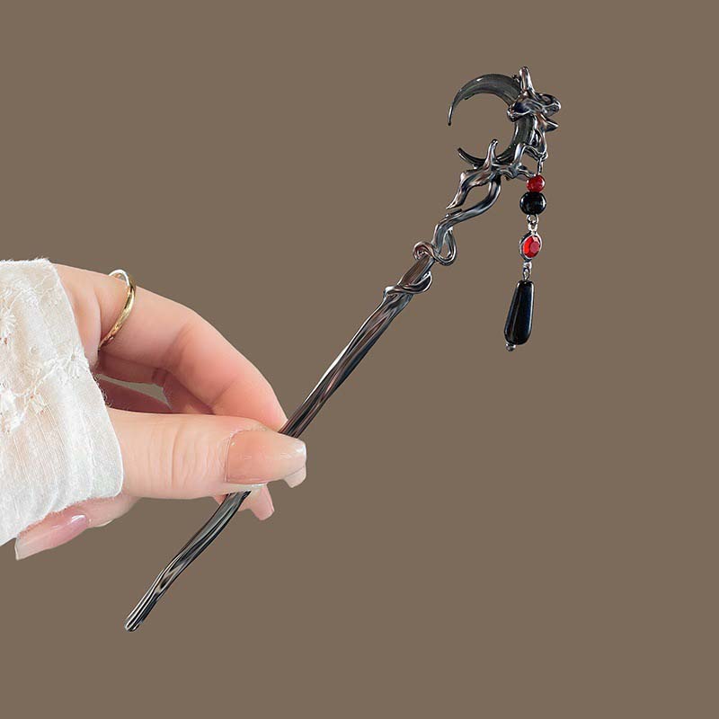 2025 New Chinese Style Black Moon Hair Sticks For Women Vintage Metal Tassel Hanfu Chopstick Shaped Hairpin Hair Accessories