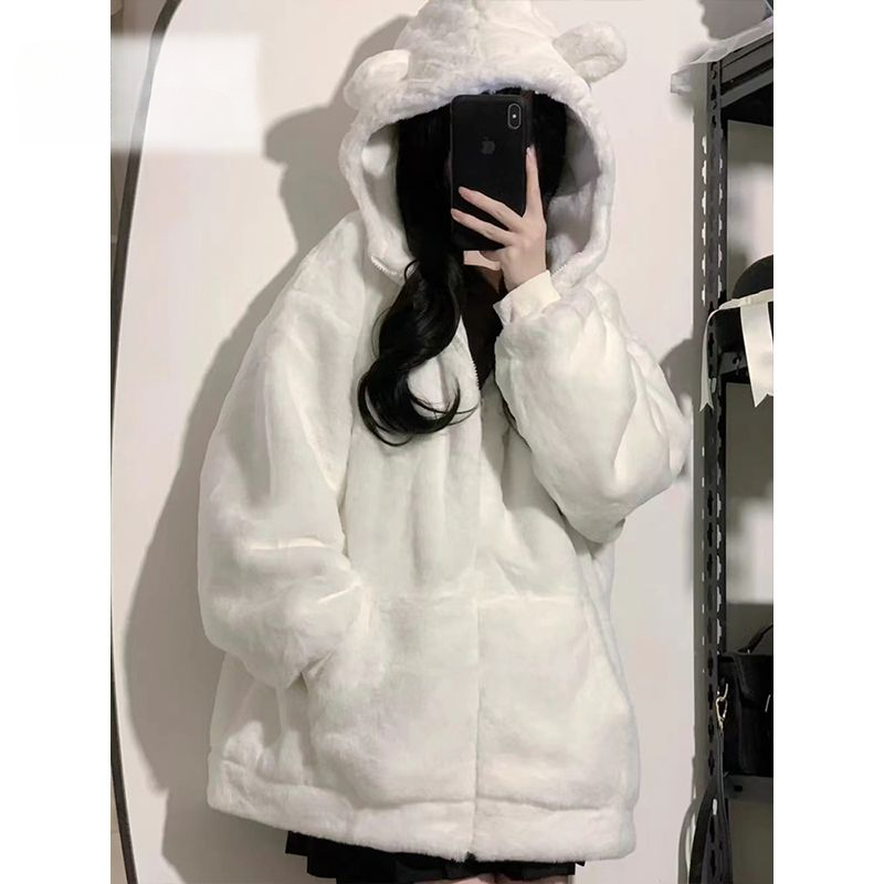 Japanese Hooded Lamb Wool Winter White Coats Sweet Women Sudaderas Mujer Preppy Style Y2k Sweatshirts Jackets Kawaii Bear Ear